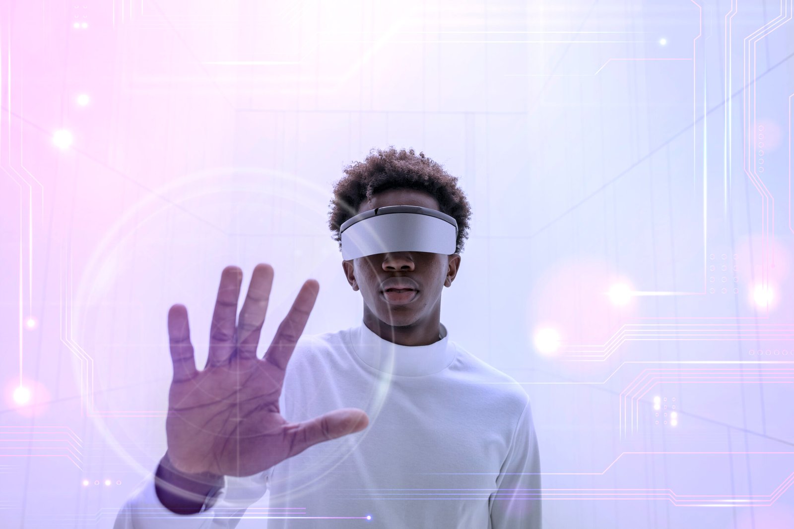 Man wearing smart glasses touching a virtual screen futuristic t