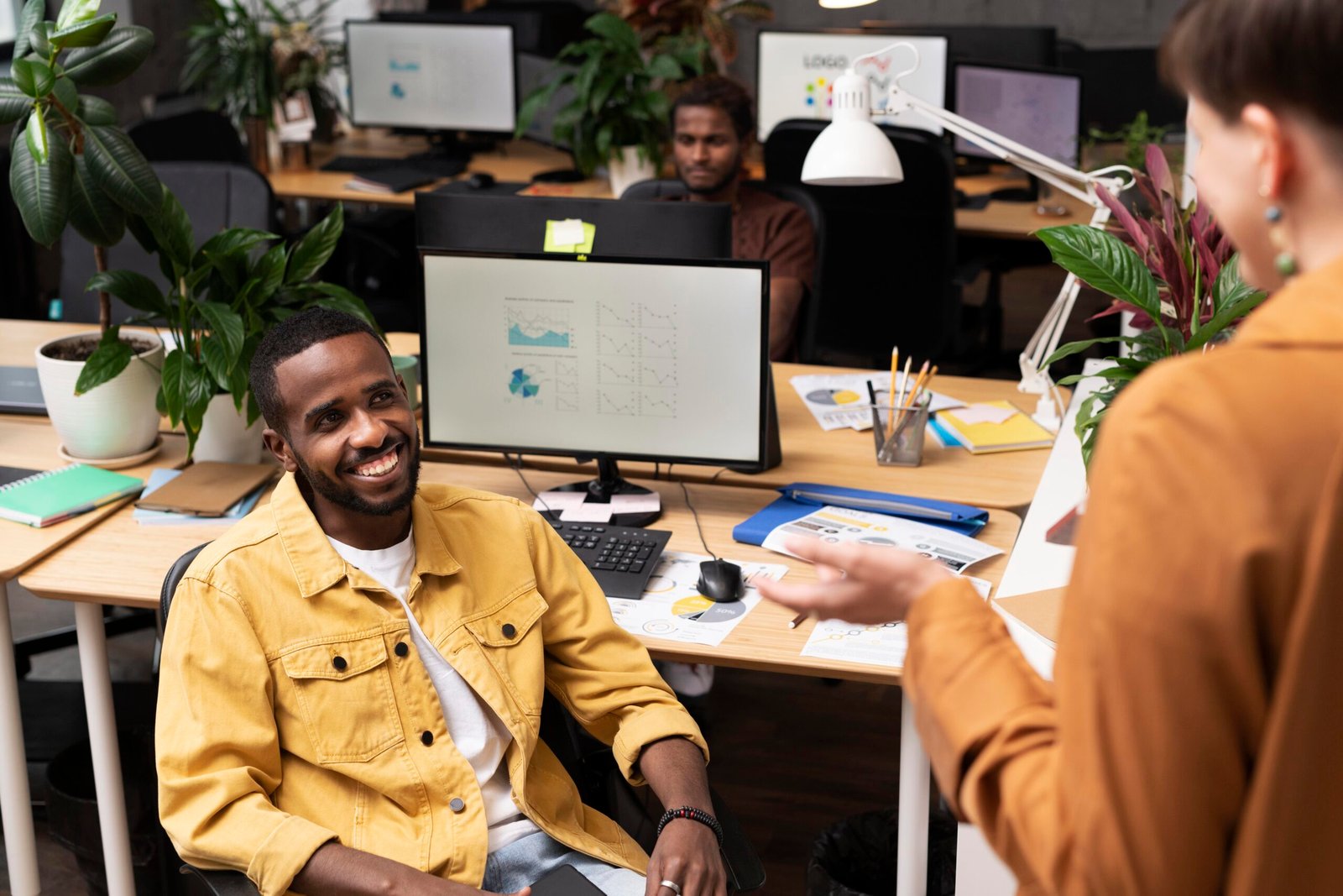 Close up colleagues talking